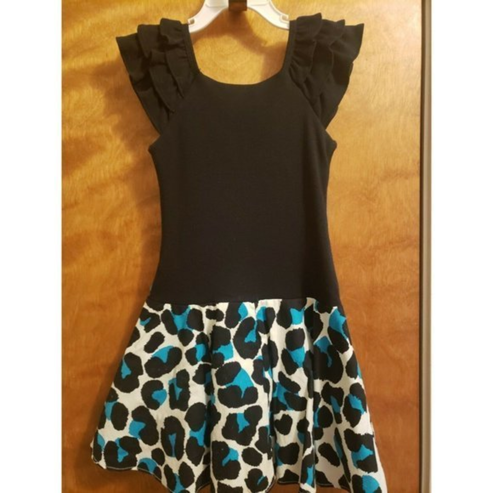 Rare Too! Girl's Black Ruffle Sleeve Leopard Print Skirt Dress - Size 5